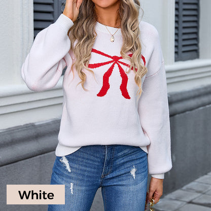 Round Neck Bow Printed Knitted Pullover Sweater